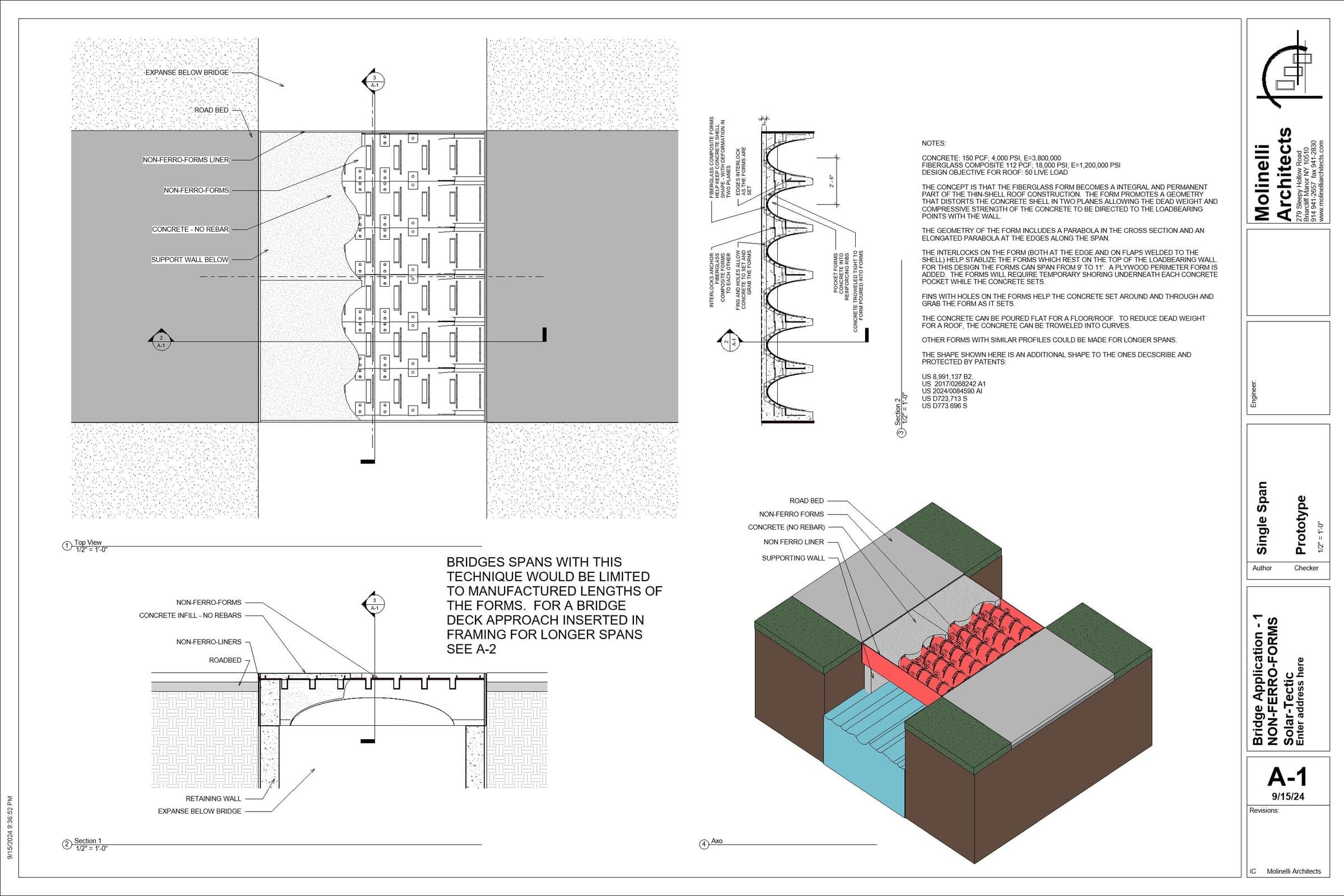 Molinelli Architects drawing sheet A-1, Bridge Application: top view, sections, notes and axonometric of a single-span non-ferro-form bridge deck